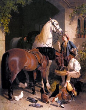 ジョン・フレデリック・ヘリング・シニア Painting - アラブニシンのジョン・フレデリック馬に餌をやる